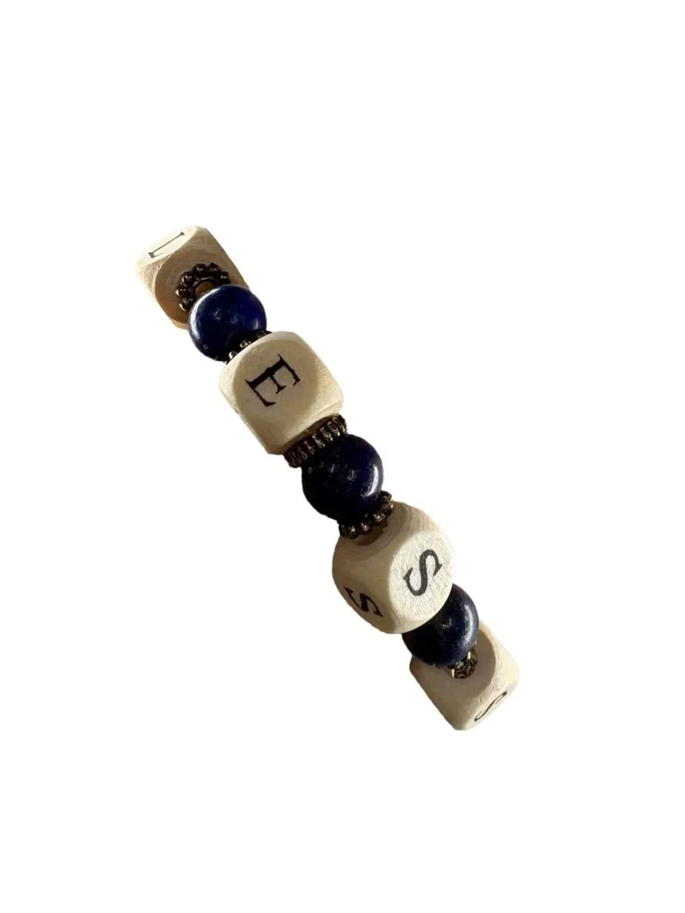Custom Name Bracelet Personalized Wood Letter Block Natural Lapis Lazuli Gem